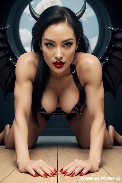 Medieval castle, sexy beautiful devil woman ((succubus woman)), beautiful curvy figure ((sexy curvy figure)), guitar shaped figure, perfect beautiful face, real sex bomb, long ponytail hairstyle ((long - ai-porn.ai on pornintellect.com