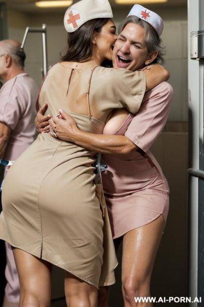(((( hugging oldman)))) at birdtday celebration asylum ((((tanned nurse)))) lot oldmen jacket looks at her close up around spilling beer and having fun ((((tight dress perfect huge tits)))) - ai-porn.ai on pornintellect.com