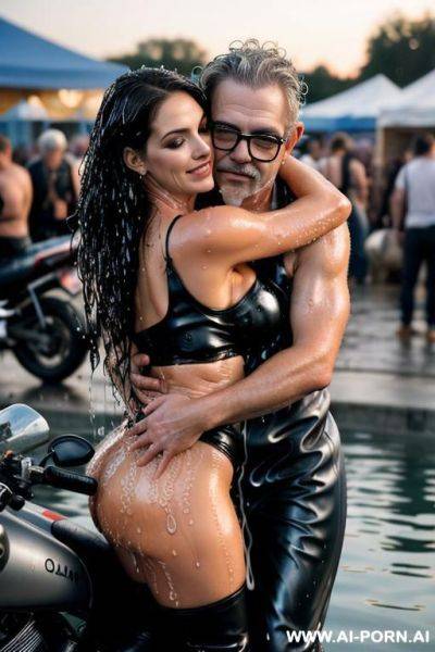 ((((hugging oldman behind )))) at dusk at the outdoor motorcycle coustom festival pretty italian woman on stage bathes in beer a lot of beer suds lot leather men looks at her close up - ai-porn.ai - Italy on pornintellect.com