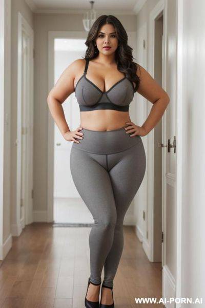 Chubby woman, full body, standing, triangular hips, thick thighs, hands on hips, wearing leggings and gray bra, in hallway at home - ai-porn.ai on pornintellect.com
