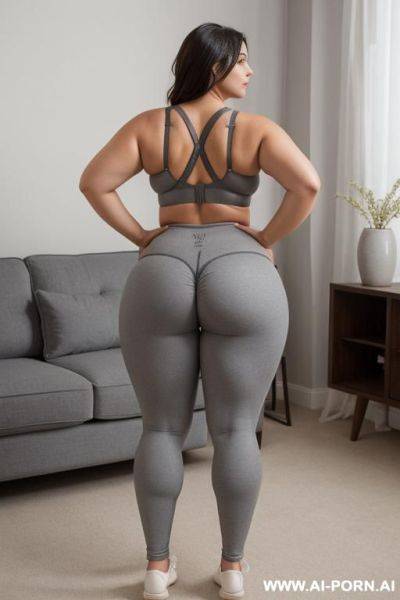 Back view, chubby woman, full body, standing, triangular hips, thick thighs, hands on hips, wearing gray leggings and bra, living room - ai-porn.ai on pornintellect.com
