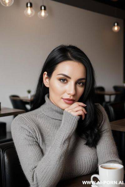 Portrait of a 30 year old european woman with black hair, knitted grey turtleneck pullover, close-up face, posing in a modern cafe, (cinematic:1.2) - ai-porn.ai on pornintellect.com