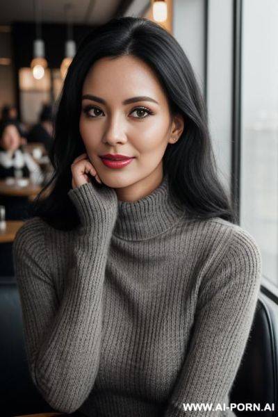 Portrait of a 30 year old woman with black hair, knitted grey turtleneck pullover, close-up face, posing in a modern cafe, (cinematic:1.2) - ai-porn.ai on pornintellect.com