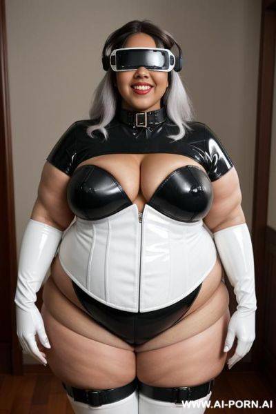 White latex corset; overknee boots; gloves; collar; gigantic huge boobs; obese; very big long nipples; wearing oculus rift goggles, ssbbw, huge belly - ai-porn.ai on pornintellect.com