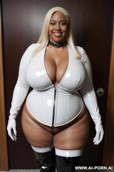 White latex corset; overknee boots; gloves; collar; gigantic huge boobs; obese; very big long nipples; wearing oculus rift - ai-porn.ai on pornintellect.com