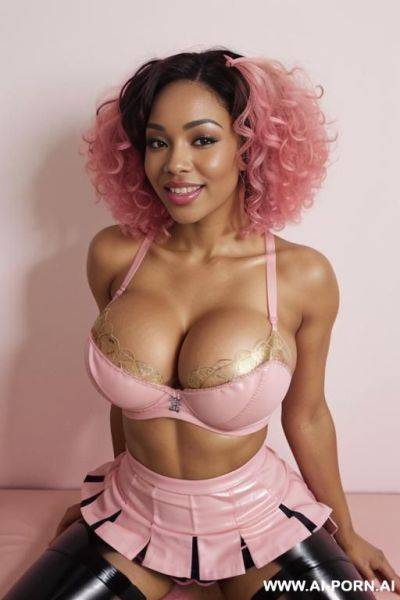 Black, african american, naked, trans woman, sitting down, pink afro, fishnet leggings, lithe, big boobs, penis, blowjob - ai-porn.ai - Usa on pornintellect.com