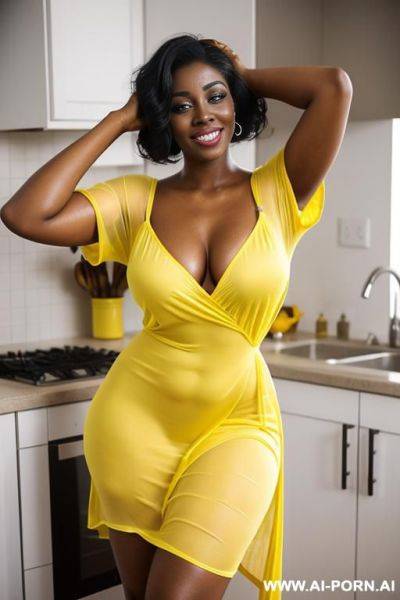 Gorgeous celebrity, thick lips, beautiful eyes, lush hair, popstar, yellow, adjusting hair, (sexy pose) - ai-porn.ai on pornintellect.com