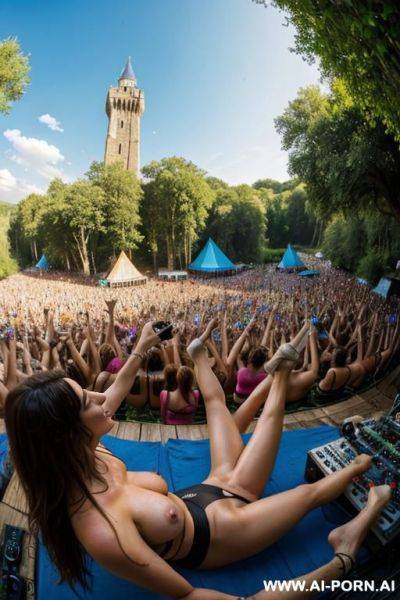 Sexy blond european woman, saggy boobs, slender, hairy pussy, summer camp, canyon, tree, with her sister enjoying my massive cock, cum dripping - ai-porn.ai on pornintellect.com