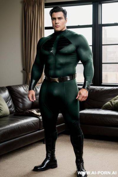 Handsome model man, strong stocky man, short black hair, big brown eyes, one man, standing in living room, wearing green and black hero cosplay, photo realistic, - ai-porn.ai on pornintellect.com