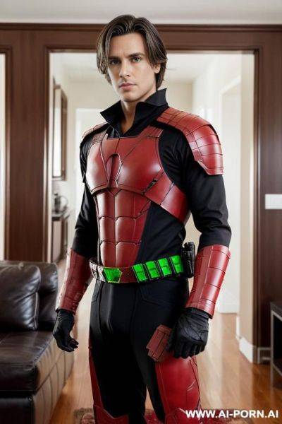 Hot model man, medium length brown hair, big brown eyes, one man, standing in living room, wearing black and red hero cosplay, photo realistic, - ai-porn.ai on pornintellect.com