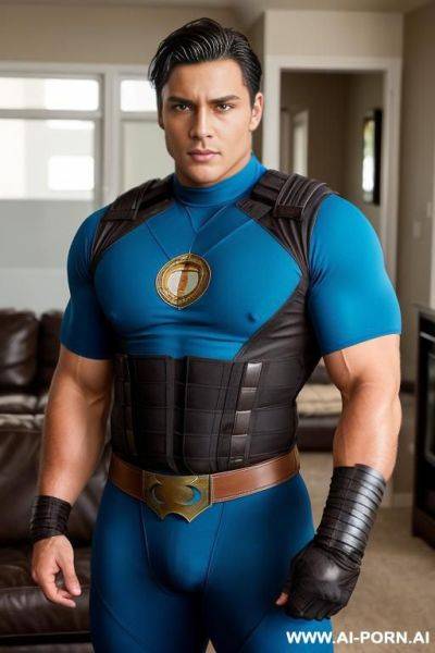 Handsome model man, strong stocky man, short black hair, big brown eyes, one man, standing in living room, wearing blue hero cosplay, photo realistic, - ai-porn.ai on pornintellect.com