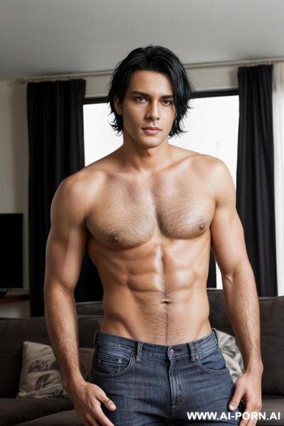 Hot model man, medium length black hair, big brown eyes, one man, standing in living room, wearing jeans, shirtless, photo realistic, - ai-porn.ai on pornintellect.com