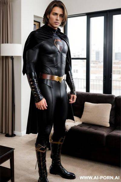 Handsome model man, lomg brown hair, big brown eyes, one man, standing in living room, wearing black hero cosplay, - ai-porn.ai on pornintellect.com