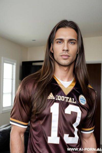 Handsome model man, long brown hair, big brown eyes, one man, standing in living room, wearing football jersey, - ai-porn.ai on pornintellect.com