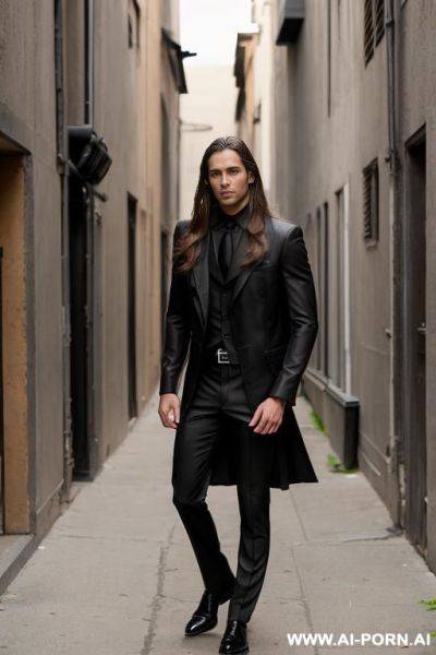 Handsome model man, long brown hair, big brown eyes, one man, standing in alley way, wearing black hero cosplay, - ai-porn.ai on pornintellect.com