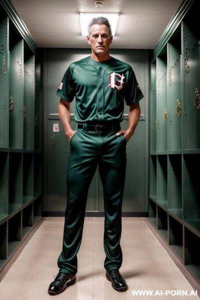 Handsome older model man, short black hair, big green eyes, one man, standing in locker room, baseball uniform, - ai-porn.ai on pornintellect.com