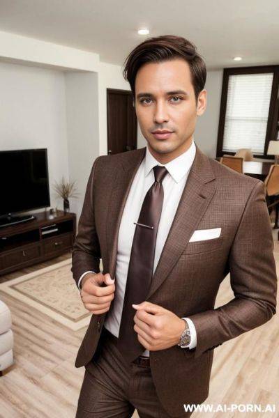 Business man, short brown hair, big brown eyes, one man, standing in living room, wearing suit and tie, - ai-porn.ai on pornintellect.com