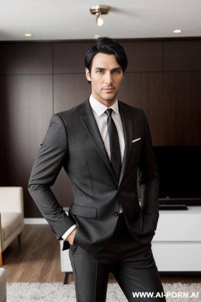 Hot model man, short black hair, big brown eyes, one man, standing in living room, wearing business suit, - ai-porn.ai on pornintellect.com