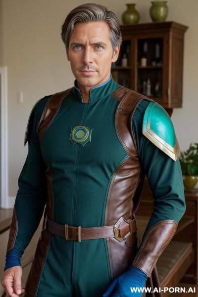 Handsome older model man, short brown hair, big green eyes, one man, standing in living room, wearing blue hero cosplay, - ai-porn.ai on pornintellect.com