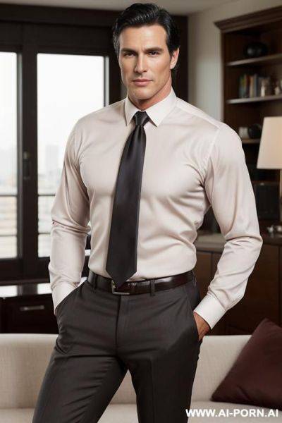 Hot male model, handsome man, dark hair, brown eyes, high cheek bones, stocky, muscular build, wearing dress pants, no shirt, standing in living room, handsome older man, photo realistic, business man. - ai-porn.ai on pornintellect.com