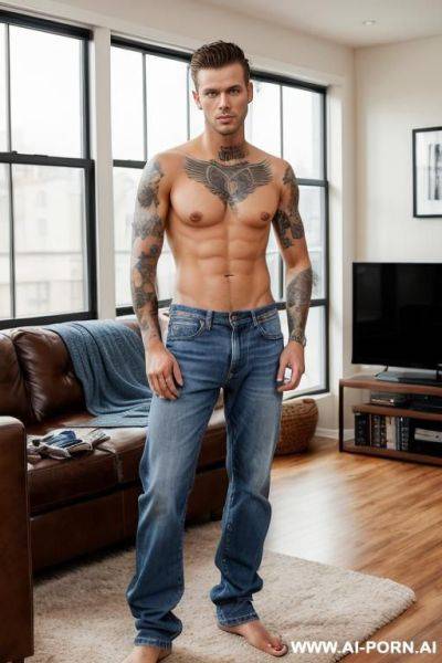 Handsome model man, short brown hair, big blue eyes, one man, standing in living room, wearing jeans, shirtless, tattoo man, - ai-porn.ai on pornintellect.com