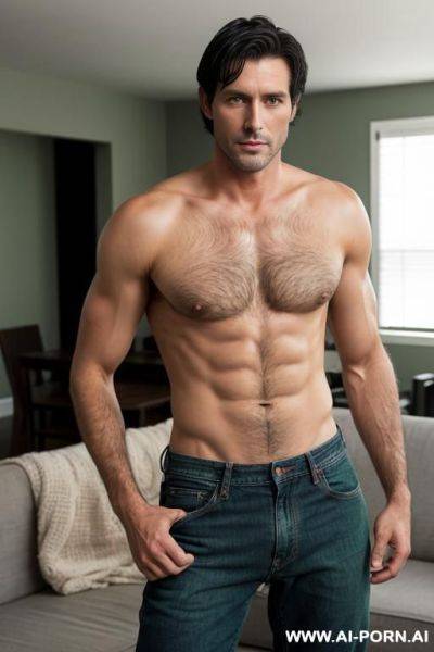 Handsome older model man, short black hair, big green eyes, one man, standing in living room, wearing jeans, shirtless, - ai-porn.ai on pornintellect.com
