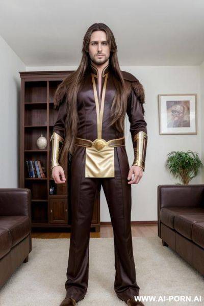 Handsome model man, long brown hair, big brown eyes, one man, standing in living room, wearing rior cosplay, - ai-porn.ai on pornintellect.com