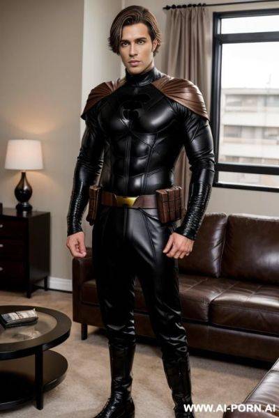 Handsome model man, short brown hair, big brown eyes, one man, standing in living room, wearing black hero cosplay, - ai-porn.ai on pornintellect.com