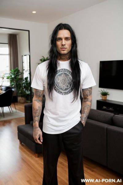 Hot model man, thick long black hair, big brown eyes, one man, standing in living room, wearing shirt and pants, tattoo man, ((keep face)) ((keep body)) - ai-porn.ai on pornintellect.com