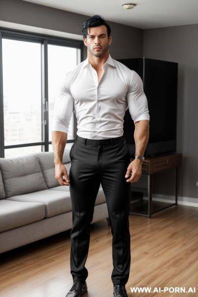Handsome muscular man, athletic man, thick black hair, one man, full body view, standing in living room, wearing shirt and pants, - ai-porn.ai on pornintellect.com
