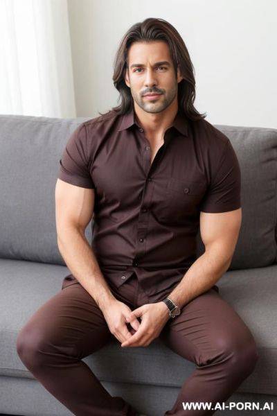 Sexy man, thick long dark brown hair, wearing shirt and pants, ((keep face)) ((keep body)) sitting in living room, - ai-porn.ai on pornintellect.com