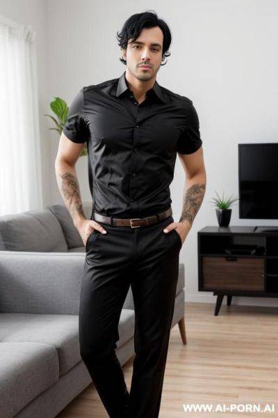 Model man, thick black hair, one man, standing in living room, wearing shirt and pants, - ai-porn.ai on pornintellect.com