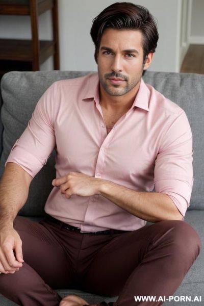 Handsome man, thick short dark brown hair, wearing pink shirt, wearing pants, full body view, ((keep face)) ((keep body)) sitting in living room, open legs, - ai-porn.ai on pornintellect.com