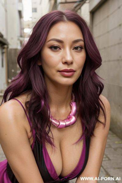 Close!, immersive expression, lovingly boastful japanese casual milf, loose wavy purple hair, closeup in decent dress, she is strictly tanned, abstract background, pleasure, lying, real-life sei-ra sodes-hiro! - ai-porn.ai - Japan on pornintellect.com