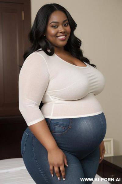 Very fat, ssbbw, obese, rotund, gorgeous black woman, thicc, hourglass body, beautiful smile, dark skin, long hair, very fat tummy, really big thighs, fat face, enormous hips, tight shirt, rolls, pregnant - ai-porn.ai on pornintellect.com