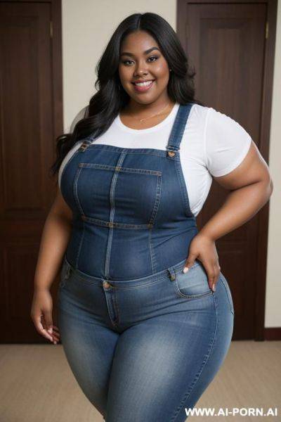 Very fat, ssbbw, obese, rotund, gorgeous black woman, thicc, hourglass body, beautiful smile, dark skin, long hair, very fat tummy, really big thighs, fat face, enormous hips, tight shirt, rolls, wearing apron - ai-porn.ai on pornintellect.com
