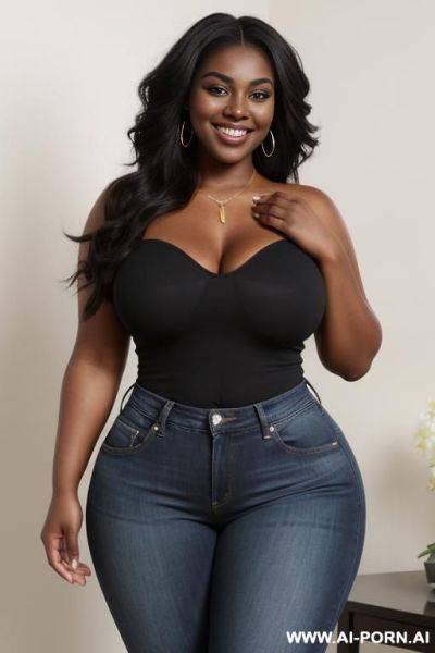 Gorgeous black woman, thicc, hourglass body, beautiful smile, dark skin, long hair, very fat tummy, really big thighs, fat face, enormous hips - ai-porn.ai on pornintellect.com