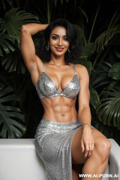 Indian, short hair, fit, abs, muscular arms, big ass, tall, long legs, navel piercing, silver bra, silver sequin skirt, looking at camera, full body, stiletto, jungle - ai-porn.ai - India on pornintellect.com