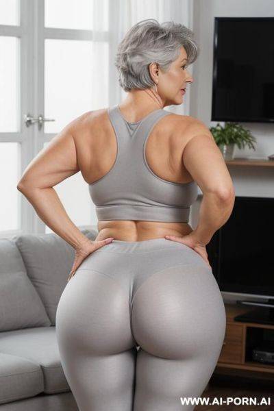 Back view, chubby white grandmother, short gray hair, lady, full body, standing, visible age features, gray hair, triangular hips, thick thighs, wearing transparent gray leggings, living room in front of the television - ai-porn.ai on pornintellect.com