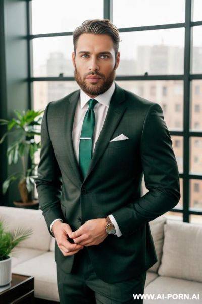 Handsome model man, athletic handsome man, thick brown hair, big green eyes, one man, short beard, standing in living room, wearing business suit, ((keep face)), ((keep model)), ((keep body)), ((keep hair)), ((keep beard)), - ai-porn.ai on pornintellect.com