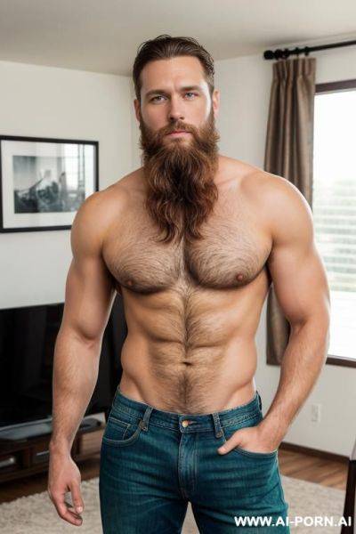 Handsome model man, thick short brown hair, big green eyes, one man, well kept beard, standing in living room, wearing jeans shirtless, - ai-porn.ai on pornintellect.com