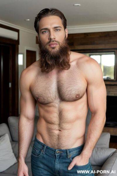 Handsome model man, thick brown hair, big green eyes, one man, beard, standing in living room, wearing jeans shirtless, ((keep face)), ((keep model)), ((keep body)), - ai-porn.ai on pornintellect.com