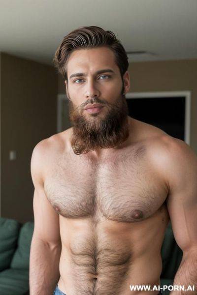 Handsome model man, thick brown hair, big green eyes, one man, well kept beard, standing in living room, wearing jeans shirtless, ((keep face)), ((keep model)), ((keep body)), - ai-porn.ai on pornintellect.com
