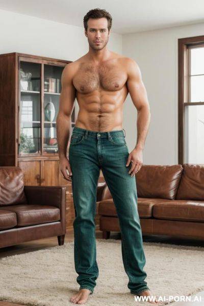 Handsome model man, thick brown hair, big green eyes, one man, standing in living room, wearing jeans, shirtless, - ai-porn.ai on pornintellect.com