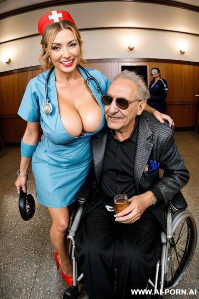 ((((view fish eye lens view)))) ((((an oldman in a wheelchair hugged by the nurse)))) at de wedding celebration voluptuosus italian nurse lot jacket men looks at her close up around spilling - ai-porn.ai - Italy on pornintellect.com