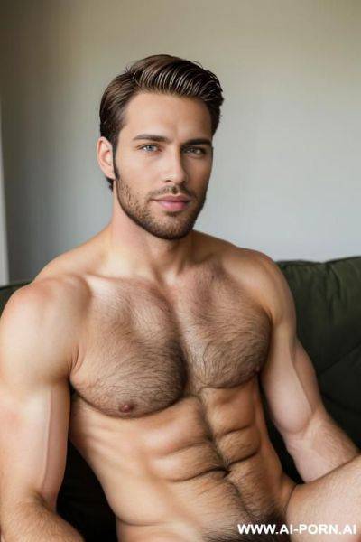 Handsome model man, athletic handsome man, thick brown hair, big green eyes, one man, short beard, in living room, shirtless, ((keep face)), ((keep model)), ((keep body)), - ai-porn.ai on pornintellect.com