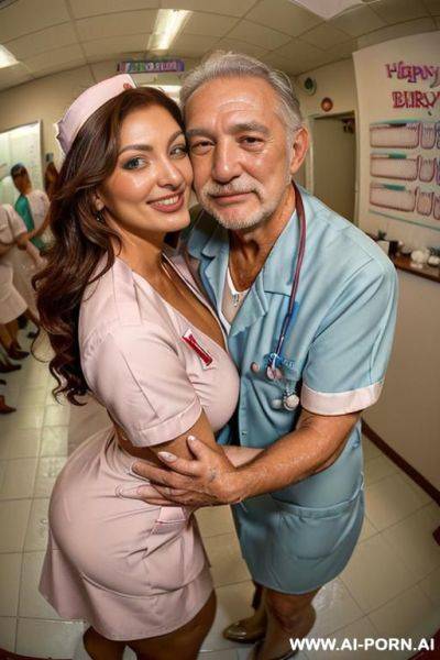 ((((view fish eye lens view)))) ((((an oldman hugging nurse)))) ((((birthday cake at the clinic)))) ((((pretty nurse tanned italian keep same face)))) lot oldmen jacket looks at her close up around - ai-porn.ai - Italy on pornintellect.com