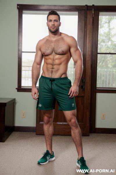 Handsome model man, athletic handsome man, thick brown hair, big green eyes, one man, short beard, standing in game room, wearing shorts, shirtless, ((keep face)), ((keep model)), ((keep body)), - ai-porn.ai on pornintellect.com