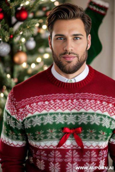 Handsome model man, athletic handsome man, thick brown hair, big green eyes, one man, short beard, standing im front of christmas tress, wearing christmas sweater, ((keep face)), ((keep model)), ((keep body)), - ai-porn.ai on pornintellect.com