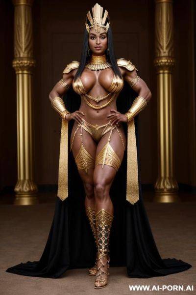 Black woman. egyptian royalty. queen, royal necklace, pierced navel, rings, long nipples, tiara, large nipples, bracer, head dress, large areolas, ((oversized boobs)), anklet, huge nipples, gold armour, - ai-porn.ai - Egypt on pornintellect.com